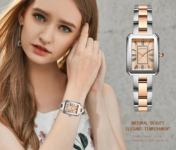 Elegant Female Rose Gold Tone Square Dial Ladies Watches - Fashion Stainless Steel Waterproof Quartz Wristwatches